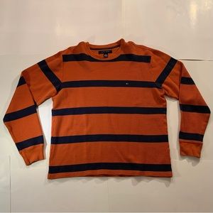 🧡 TOMMY HILFIGER ORANGE & NAVY STRIPED LONG SLEEVE WOMENS CREWNECK T-SHIRT 🧡